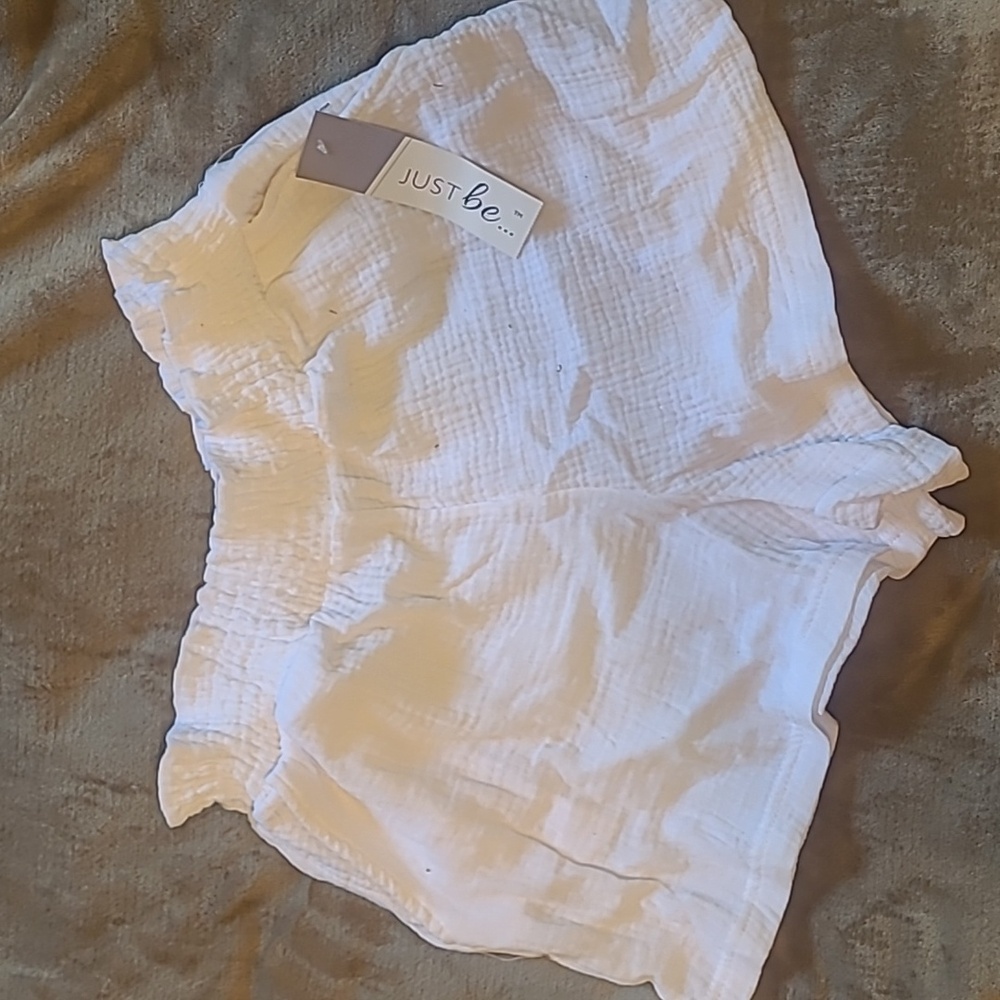 Just Be, White Crinkle Woven Shorts, Size X-large, 100% Cotton, Pockets